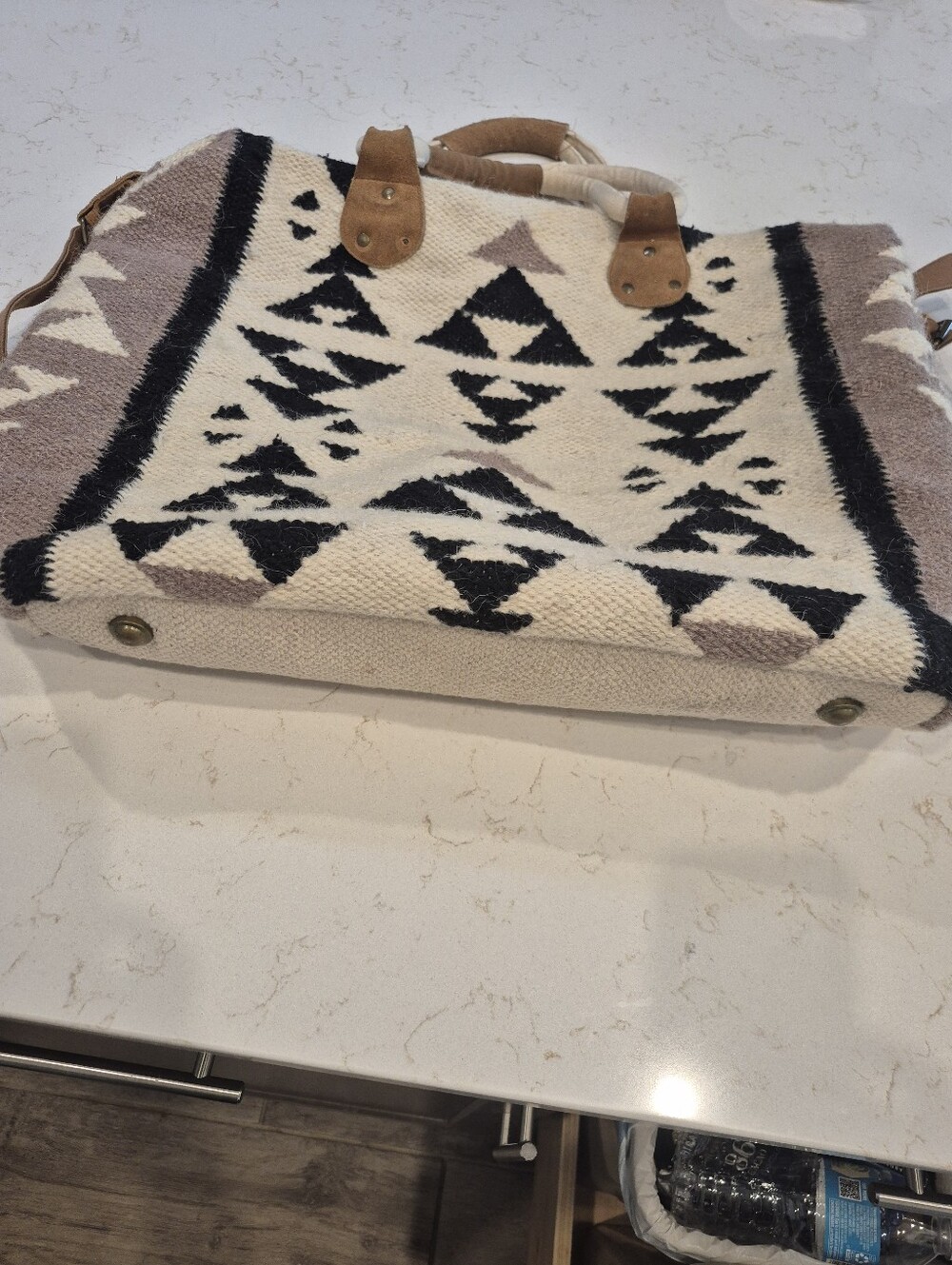 Cream & Black Aztec Woven Tote Bag with Tan Leather Handles